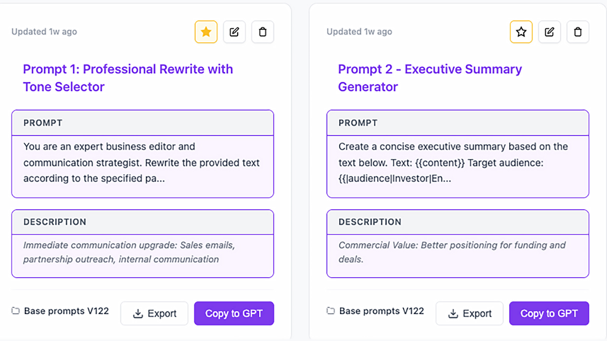 AI Productivity Suite prompt library interface