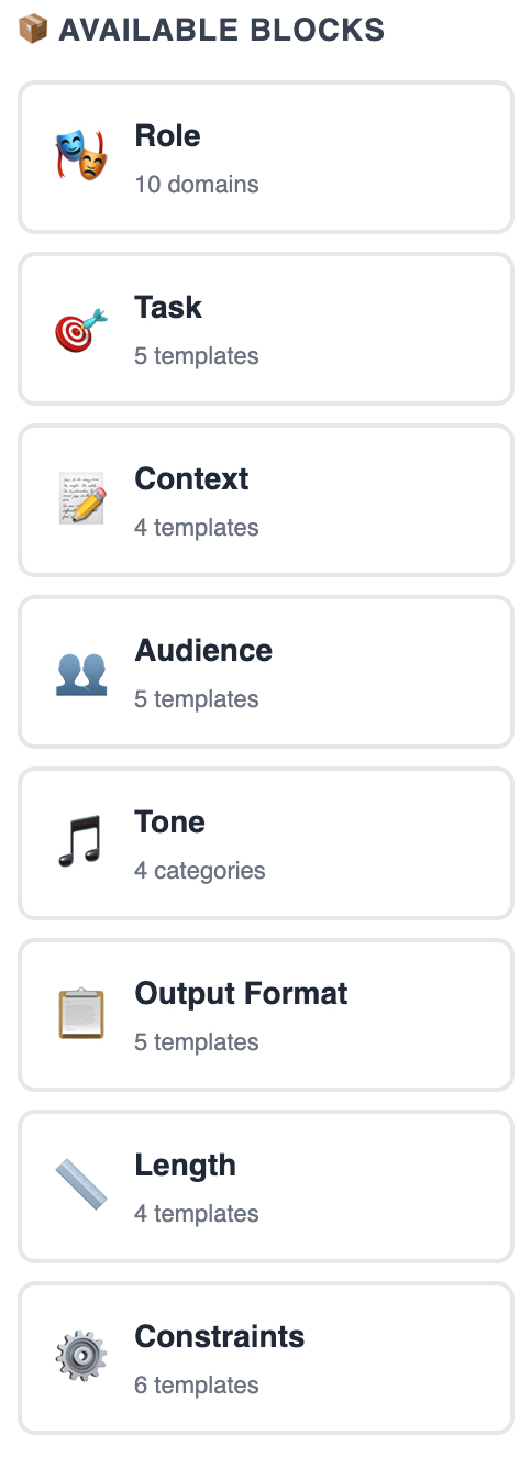 AI prompt builder blocks like role, task, audience and tone