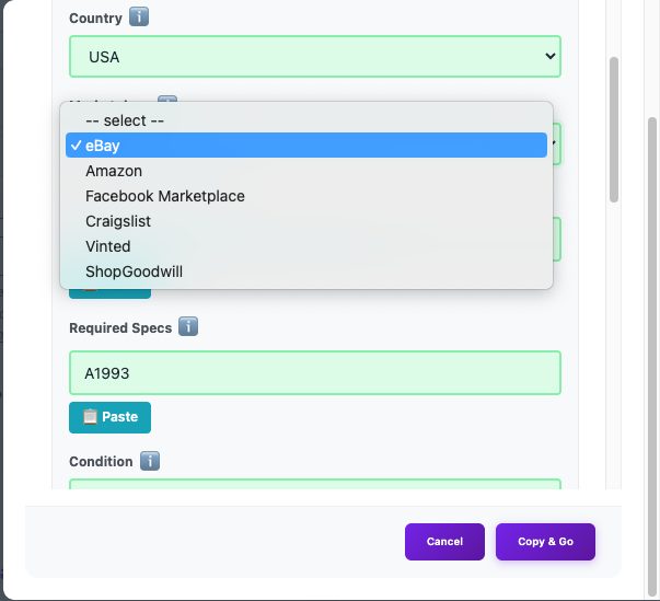 Marketplace Search Prompt example: A1993 Core i5 listing comparison